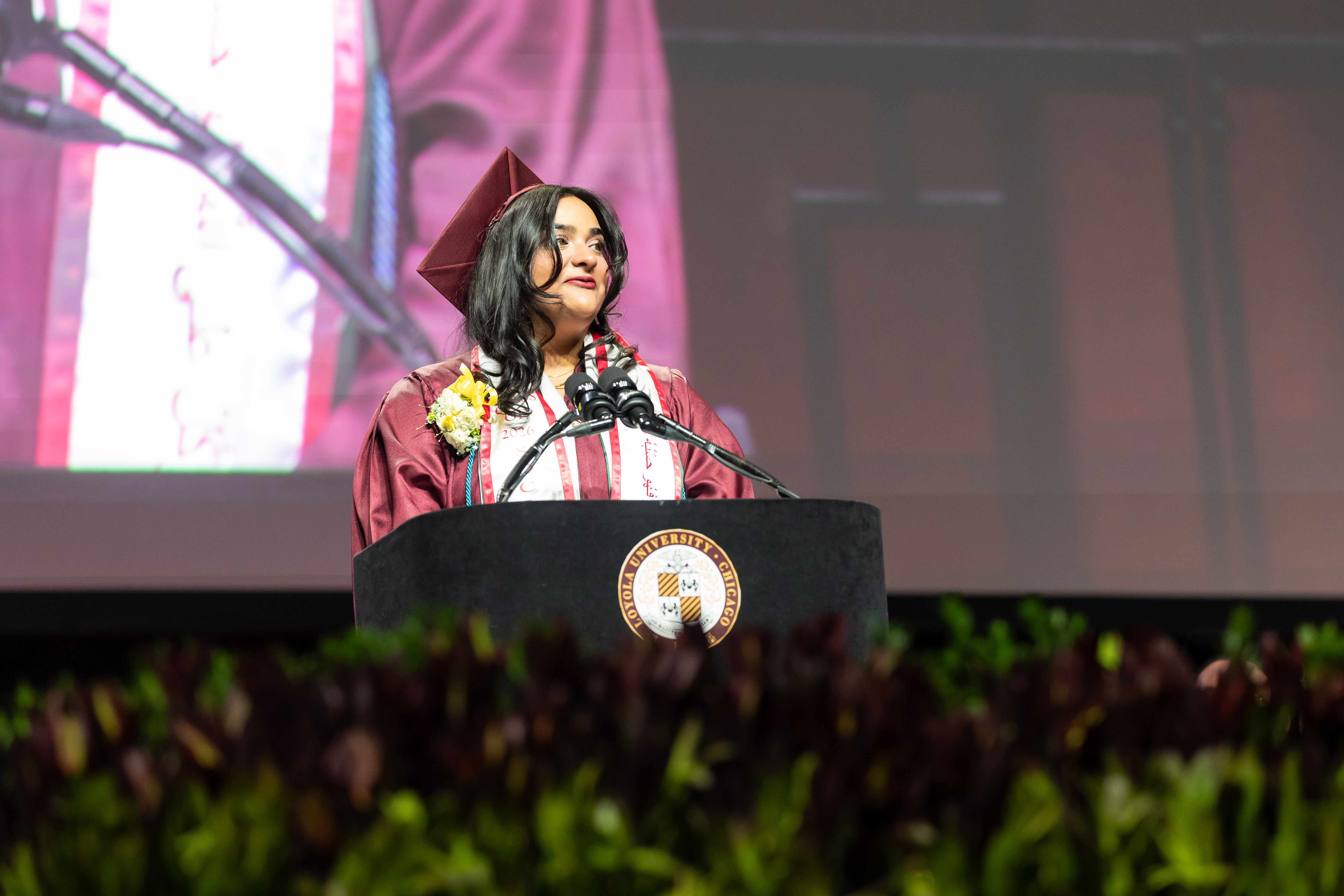 Noor Paracha Hayat giving a speech at the School of Social Work's Commencement Ceremony on May 6, 2026.