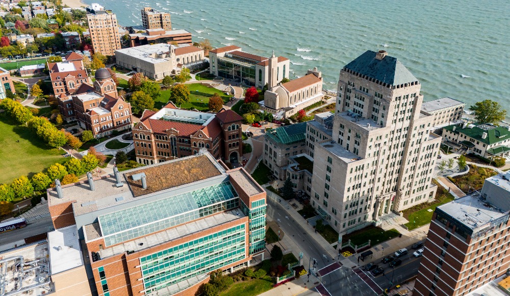 Aerial view of Lake Shore Campus and Lake Michigan