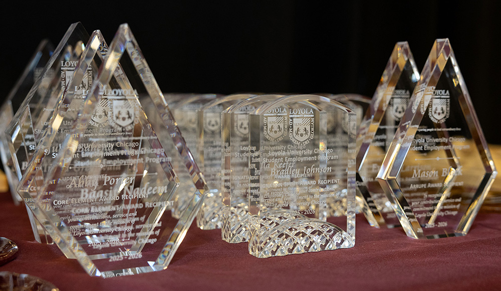 Glass awards lined up in rows on a table at the Excellence Awards ceremony.