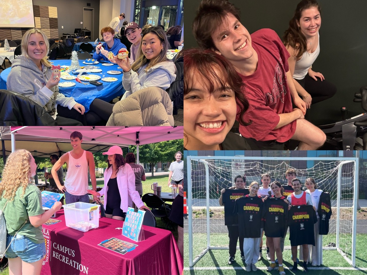 Collage of images. Top left: a smiling group decorates cookies. Top right: three people smile while riding stationary bikes. Bottom left: people at an outdoor event table. Bottom right: a group soccer goal holding championship t-shirts.