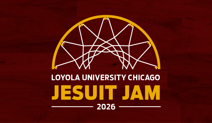 The top half of a basketball hoop resembles a rising sun over text, 