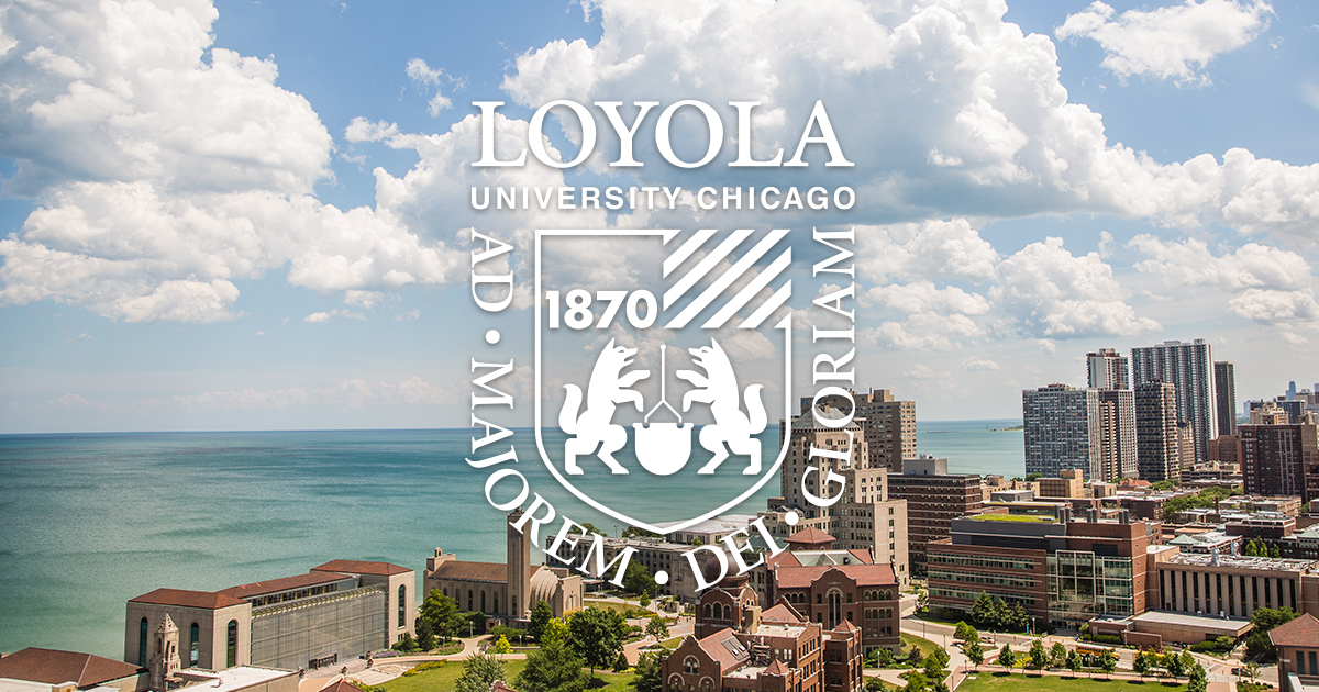 Loyola University Chicago shield logo with photo of the lake in the background