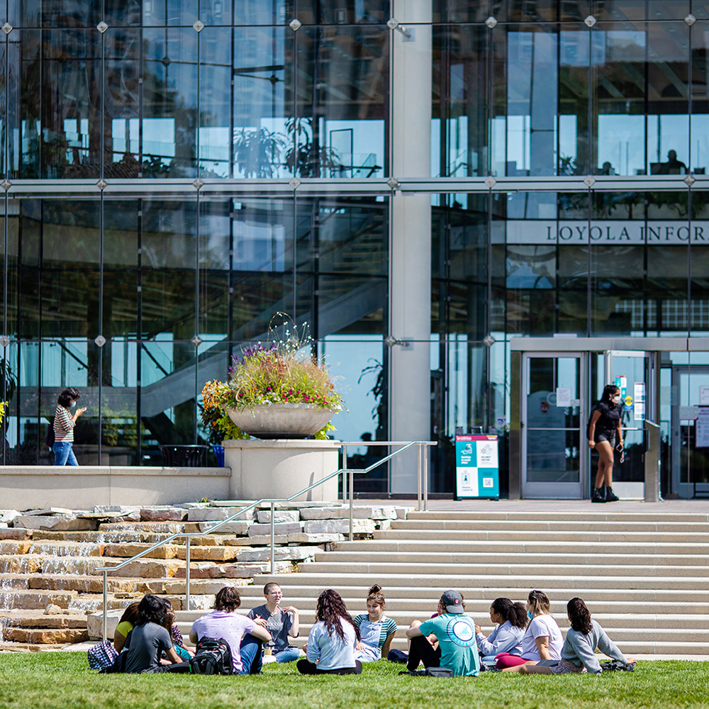 Students in front of the Loyola information commons 