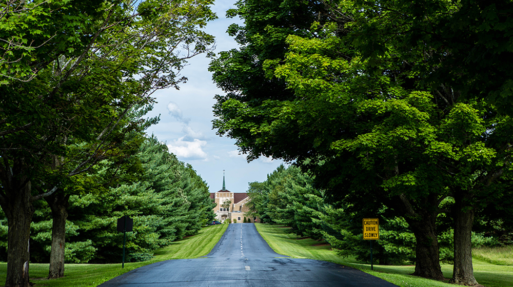 driveway leading through green fields and trees to the LUREC building