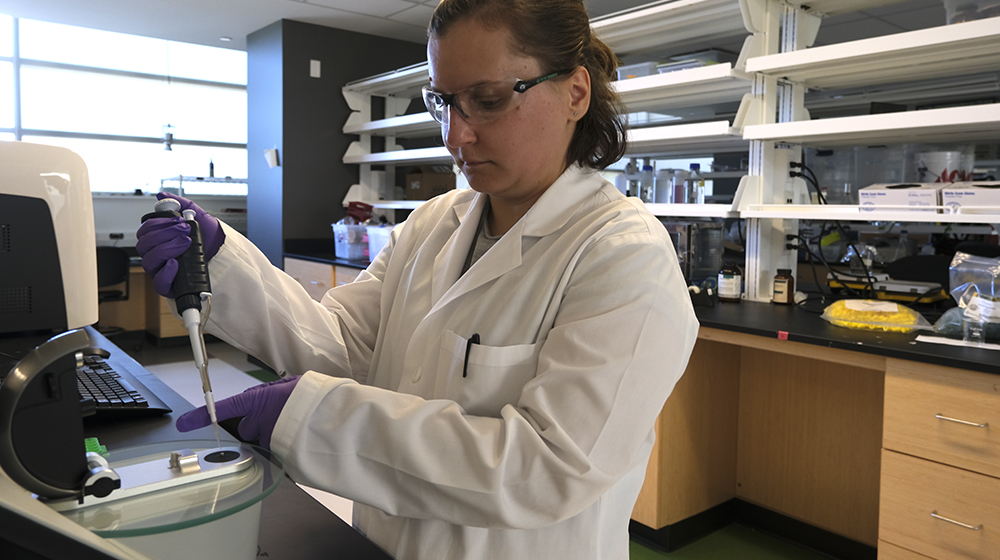 staff member working in the SES lab with lab glasses and gloves