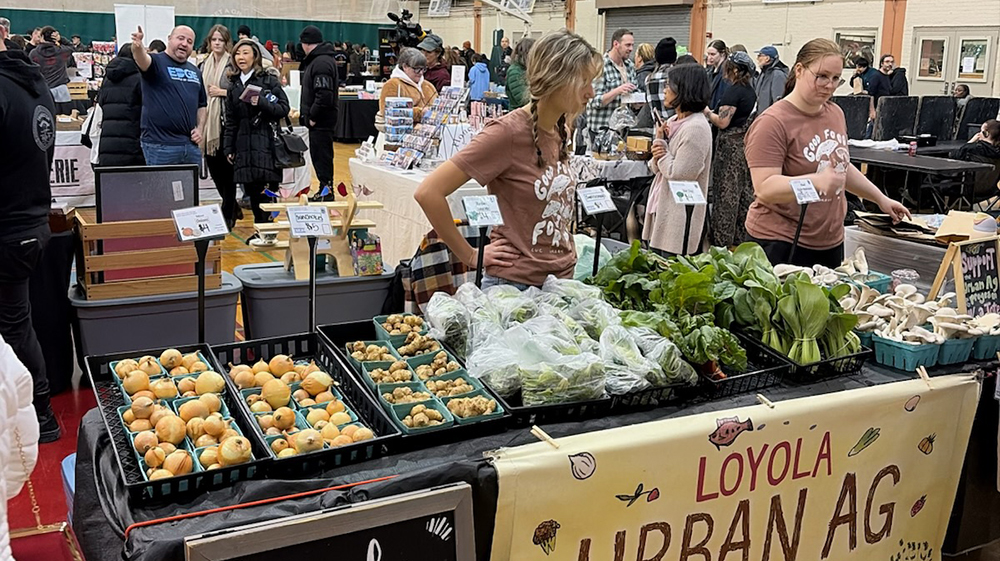 students at the Loyola stand at the Edgewater market