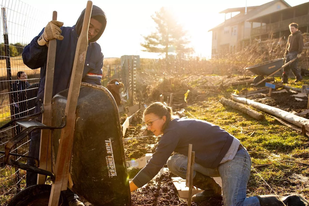 Students working on farm