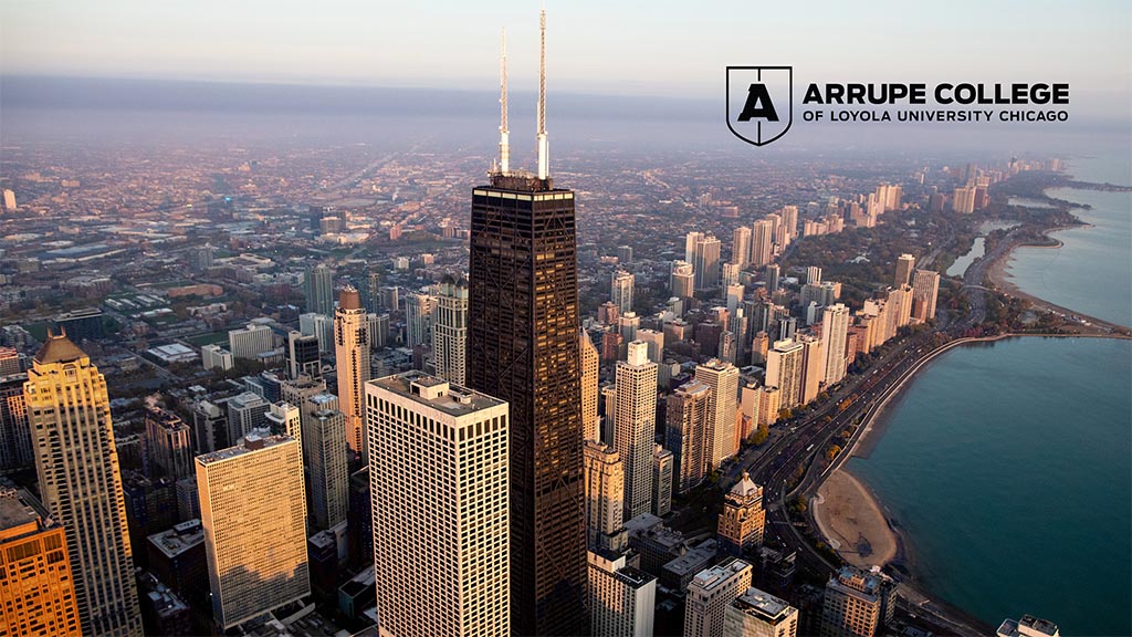 Chicago skyline with a focus on Willis Tower with Arrupe stamp overlay
