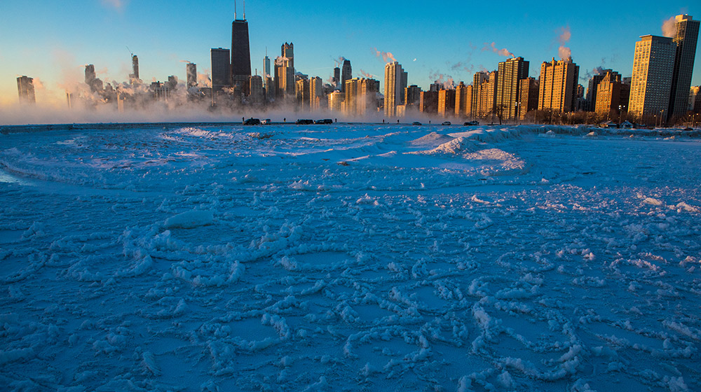 Temperatures at sunrise at North Avenue Beach in Chicago neared all-time record cold at -22, with windchills in the -50s, on January 31. 