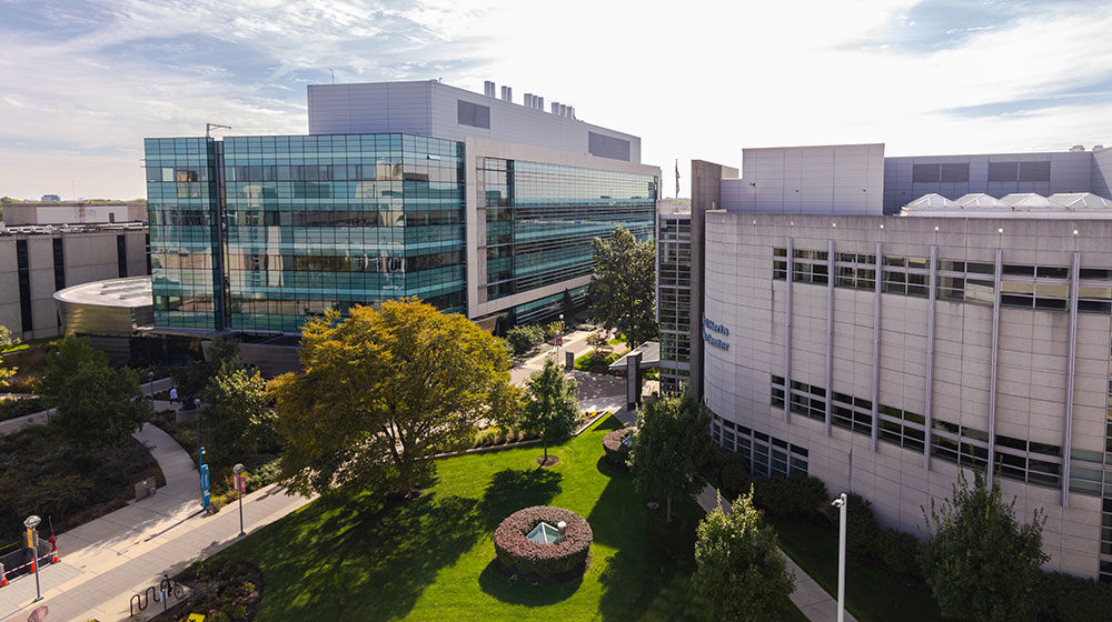 An aerial view of the Health Science campus buildings in the spring
