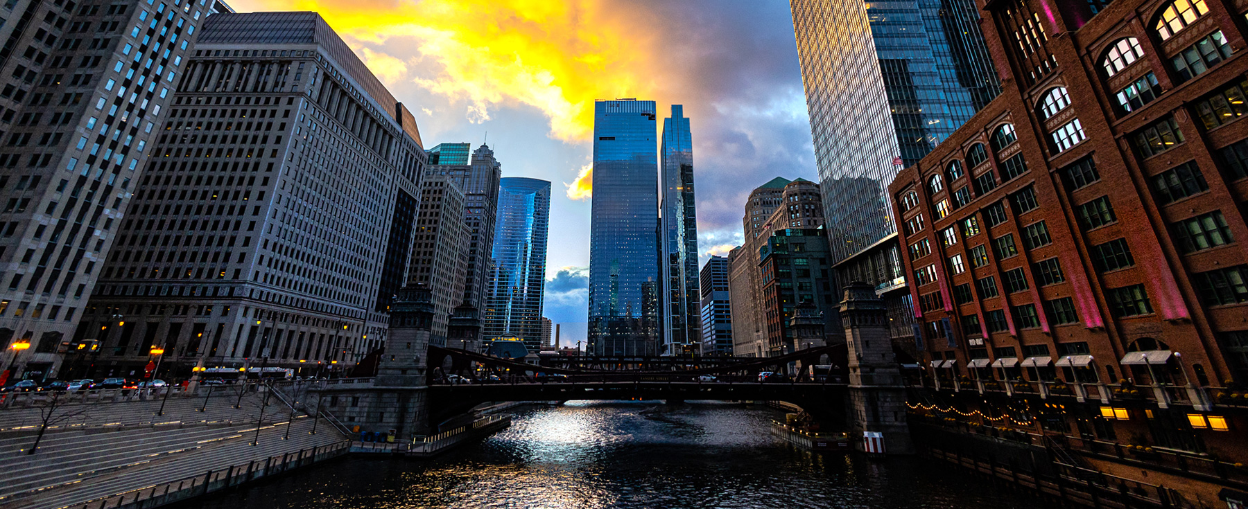 A beautiful sunset over the Chicago River in the heart of Chicago's loop